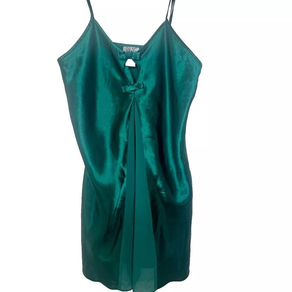 Morgan Taylor Intimates Nightgown Chemise Green Satin Chiffon Bows Small Cottage